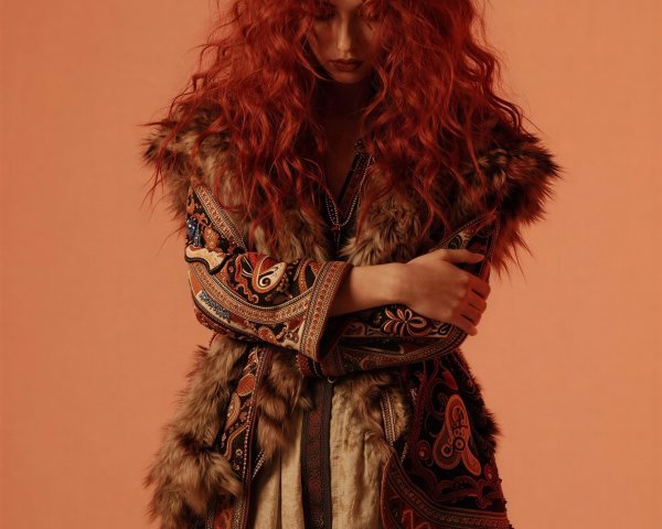 Young woman with coppery red hair in embroidered coat