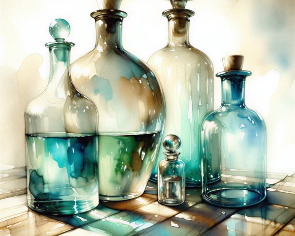 Elegant Glass Bottles in Soft Light on Wooden Surface