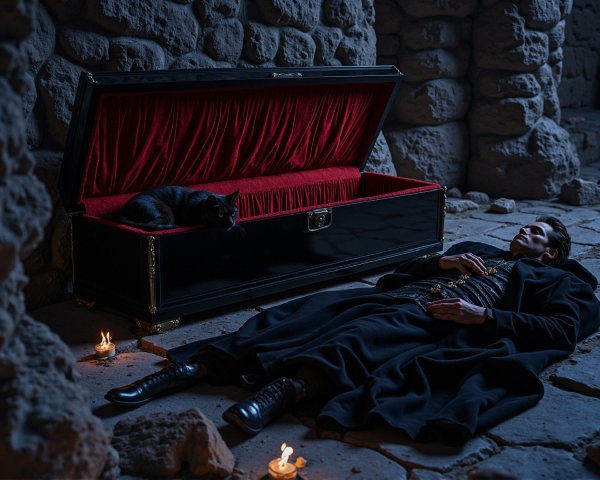 Dimly Lit Chamber with Coffin and Curious Black Cat