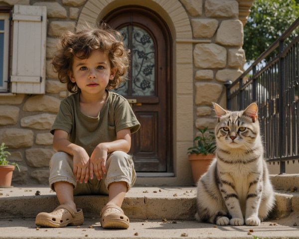 Child with Curly Hair and Cat on Stone Steps