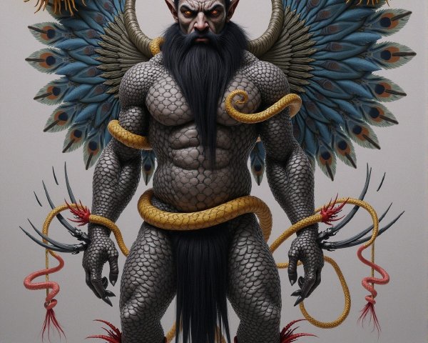 Muscular Creature with Scaled Skin and Feathered Wings