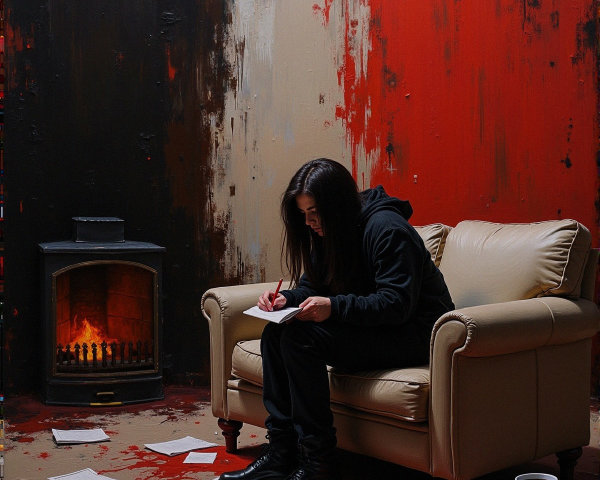 Solitary Figure Writing on Couch with Dramatic Backdrop