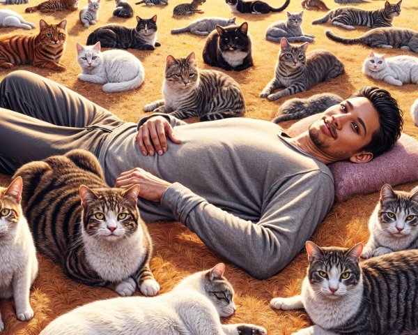 Young man relaxes with cats in serene sunset landscape