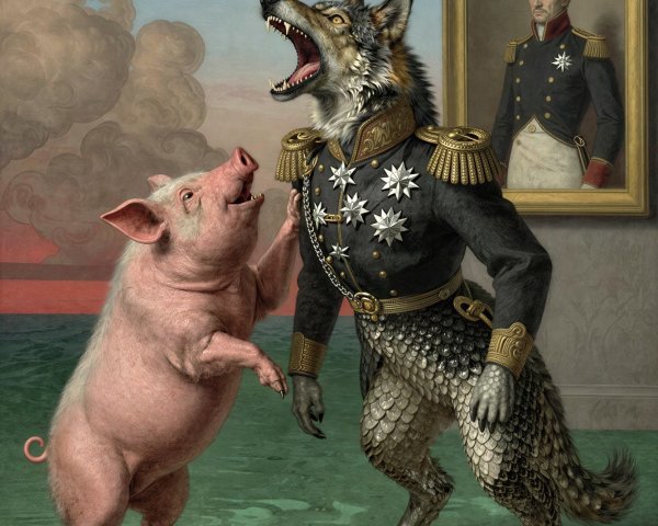 Surreal Confrontation of Pig and Wolf-Headed General
