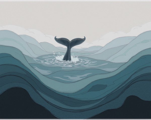 Stylized Whale Tail in Calm Ocean Waves Scene