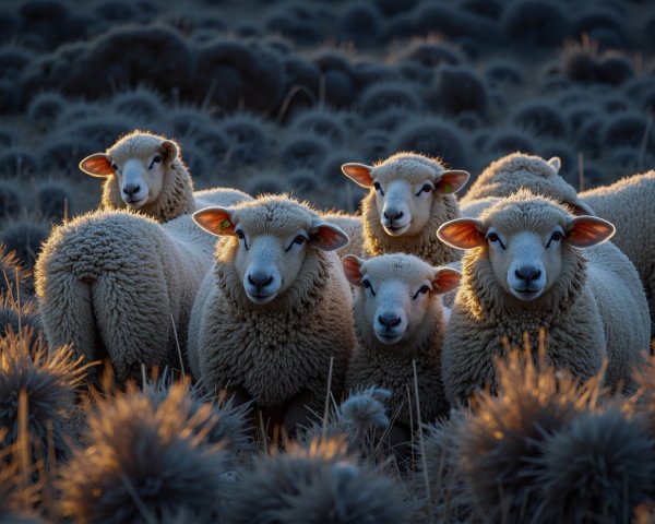 Five Fluffy Sheep in a Sunlit Field of Grass