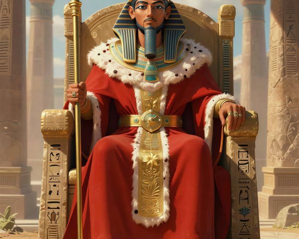 Egyptian Pharaoh in Elaborate Royal Robe and Throne