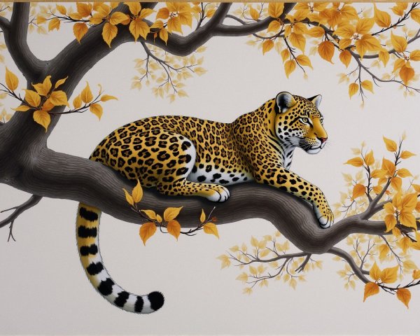 Leopard on Tree Branch Amid Autumn Leaves