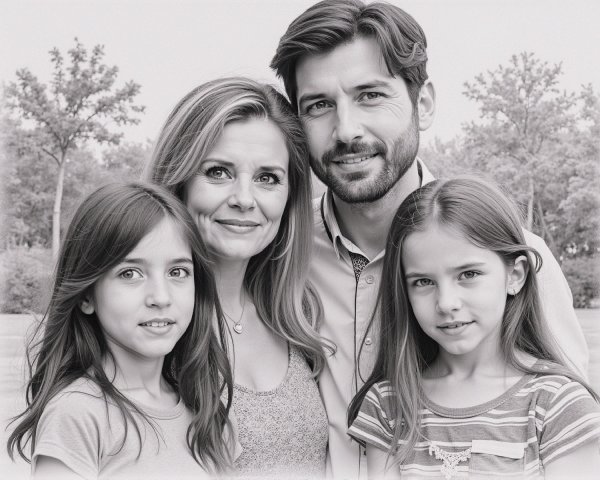 Black-and-white family portrait with parents and daughters