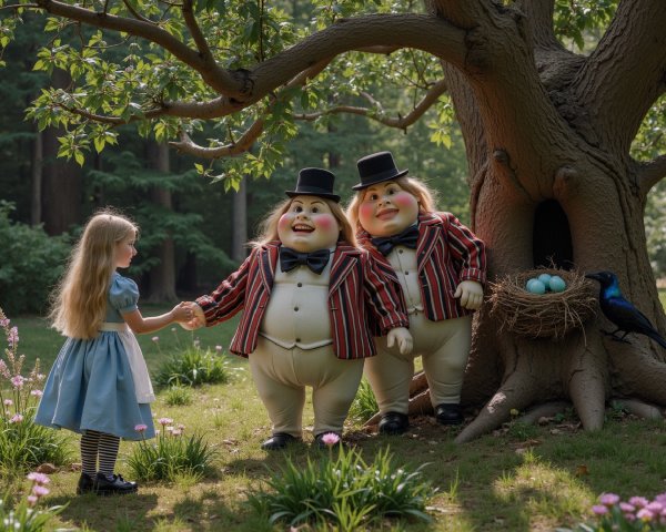 Whimsical Forest Scene with Colorful Characters and Nature