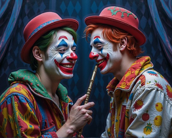 Clowns with Colorful Hair and Playful Outfits