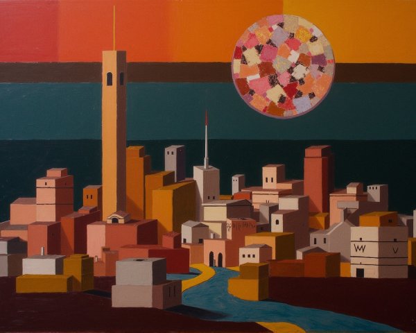 Abstract Cityscape in Warm Tones with River and Sun