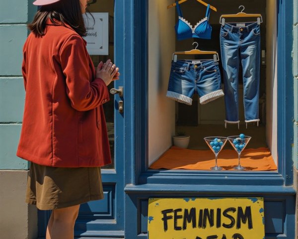 Woman Observes Boutique Display with Bold Message