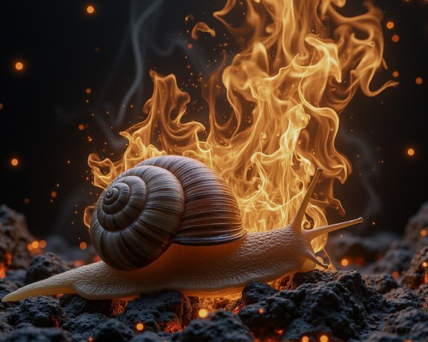 Giant Snail on Volcanic Rock Surrounded by Flames