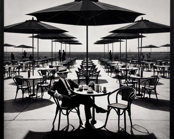 Monochromatic Scene of a Man at an Umbrella Table