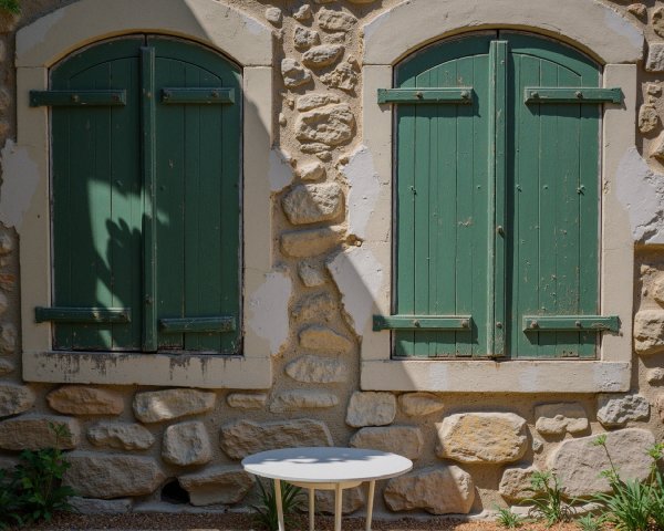 Rustic stone wall with arched green wooden shutters