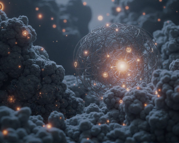 Cosmic Scene with Glowing Sphere and Ethereal Clouds