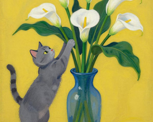 Whimsical Painting of Cat and Blue Vase with Lilies