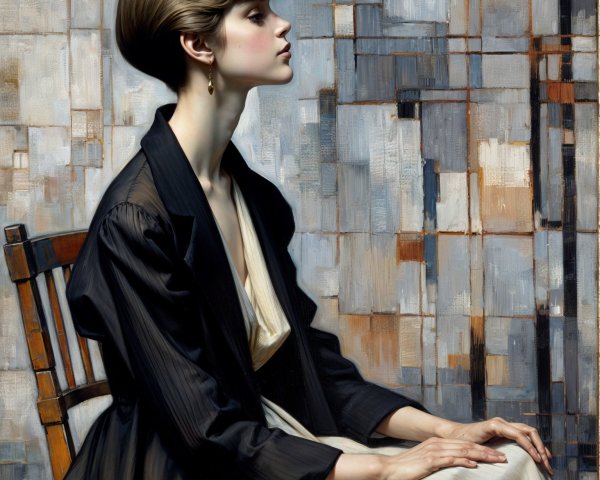 Young woman in elegant dress with geometric background