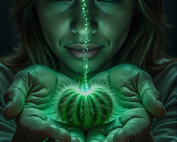 Woman Holding Glowing Cactus in Mystical Setting