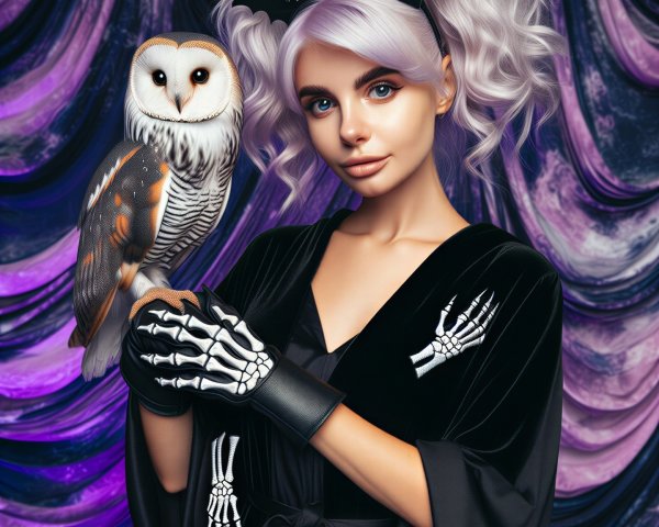 Young woman with owl in black robe and bat headband