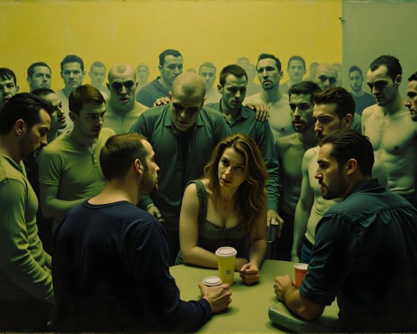 Tense Gathering of a Woman Surrounded by Men