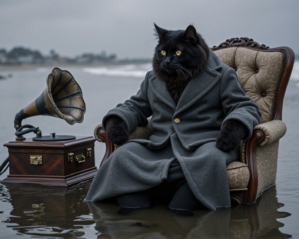 Anthropomorphic black cat in armchair by the beach