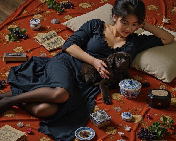 Cozy Indoor Scene with Woman, Puppy, and Antiques