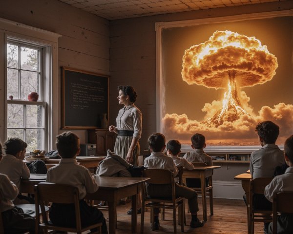 Vintage Classroom with Mural of Nuclear Explosion