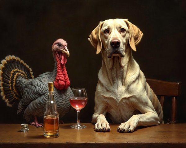 Labrador and turkey at a table with pink wine