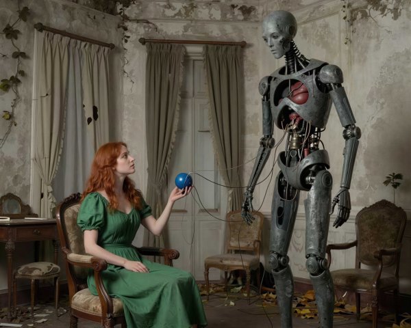 Surreal Scene of Woman and Robot in Decrepit Room