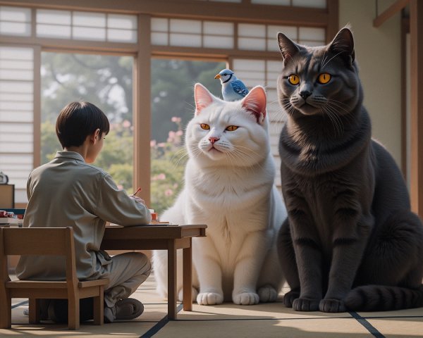 Young Boy Drawing with Cats in Japanese Decor Room
