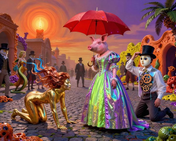 Surreal Painting of Fantasy Scene with Unique Characters