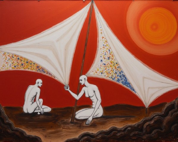 Naive art painting of two nude figures in landscape