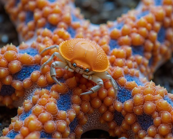 Close-up of Orange Crab on Colorful Starfish