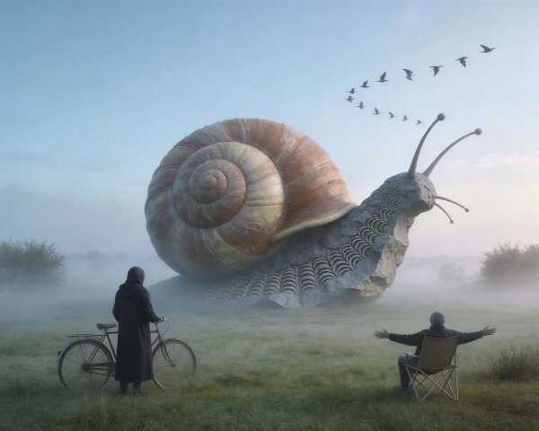 Whimsical Snail Sculpture in Misty Grass Field