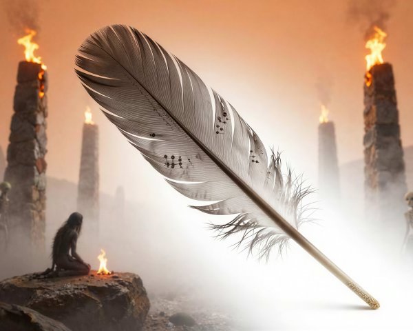 Dramatic Scene with Feather, Obelisks, and Figures