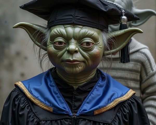 Green-skinned alien in graduation cap and gown