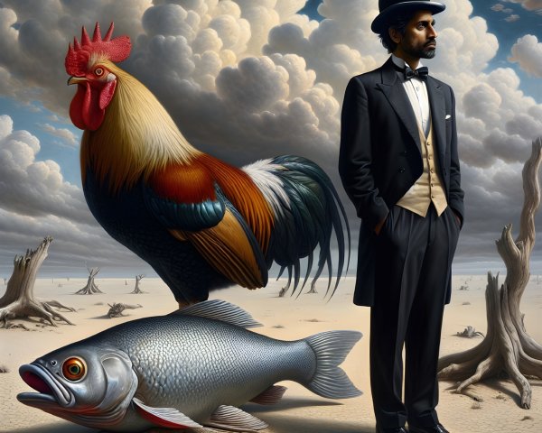 Surreal Scene with Man, Rooster, and Fish in Landscape