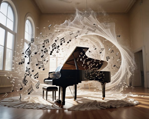 Elegant Room with Grand Piano and Musical Notes