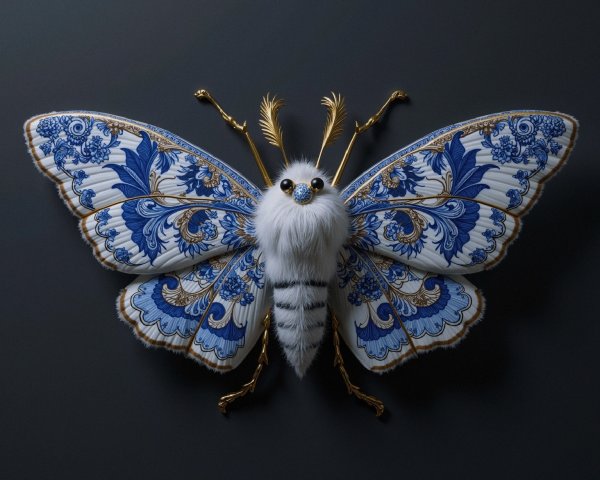 Intricate Moth Design with Blue and White Patterns