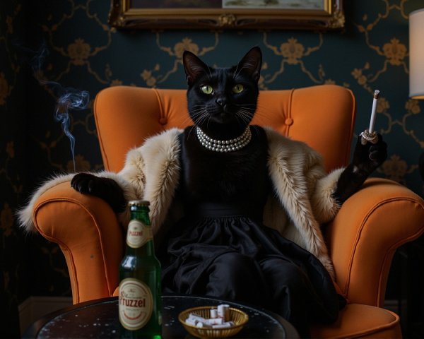 Sophisticated black cat in elegant orange armchair