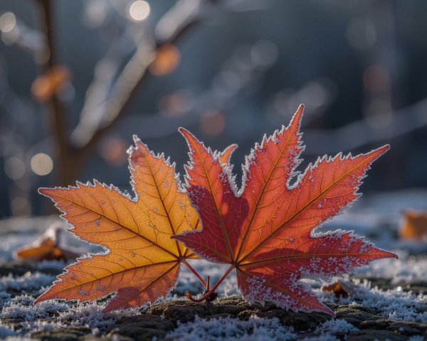 Vibrant Maple Leaves on Frosty Surface in Autumn