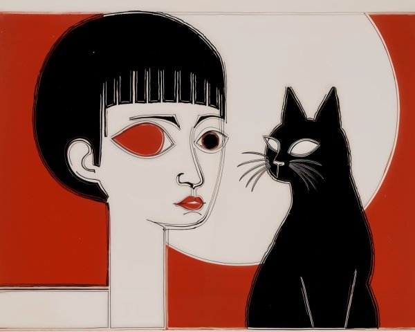 Stylized depiction of a woman and a black cat
