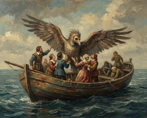 Oil Painting of Griffin Creature Over Rowboat Scene