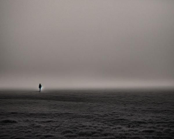 Solitary Figure in Foggy Landscape with Light