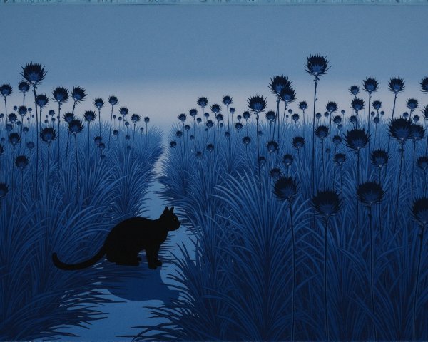 Serene Twilight Landscape with Black Cat and Thistles
