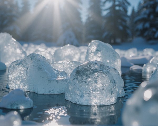 Serene winter landscape with ice and snow-covered trees