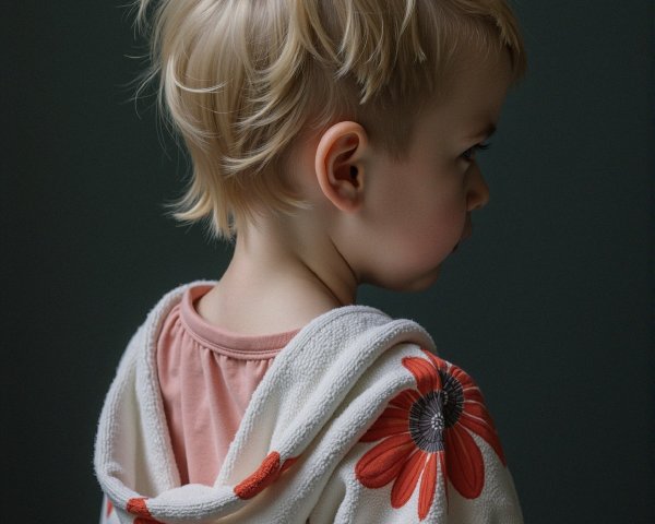 Child in Floral Hoodie Against Muted Green Background
