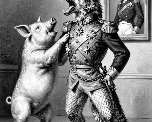 Black and white engraving of pig and wolf argument